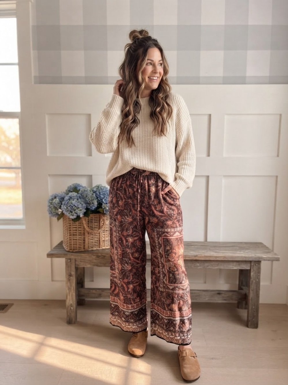 Reitmans Rust Brown Paisley Wide-Leg Pull-On Pants Large Tall